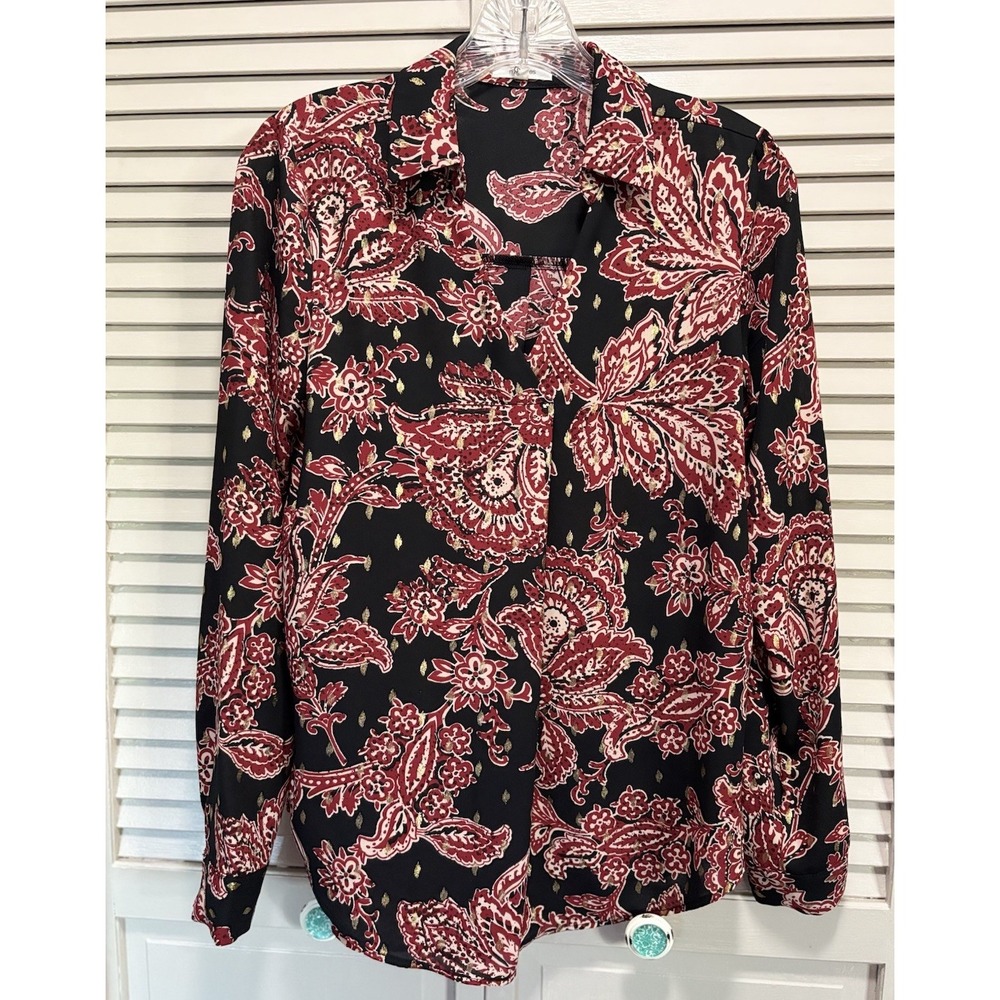 Maurice's Burg/Black Paisley Long‎ Casual Sleeve Collar Neck Blouse Size XS